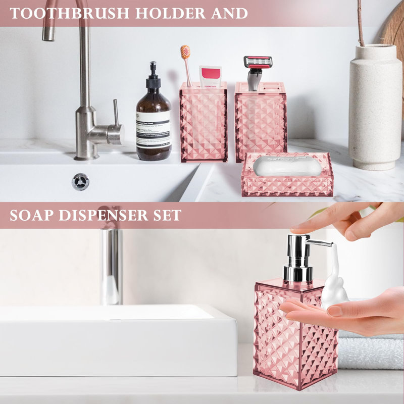 Ensemble d'accessoires de salle de bain, ensemble de salle de bain en plastique à motif quadrillé 4 pièces avec distributeur de savon, porte-brosse à dents, porte-brosse à dents, ensemble de décoration moderne Bahtroom (rose)