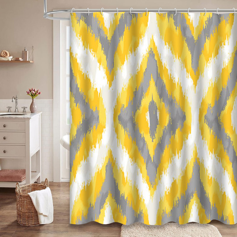 Rideau de douche jaune et gris à motif abstrait géométrique Ikat Wild Diamond, L 72 po x l 72 po