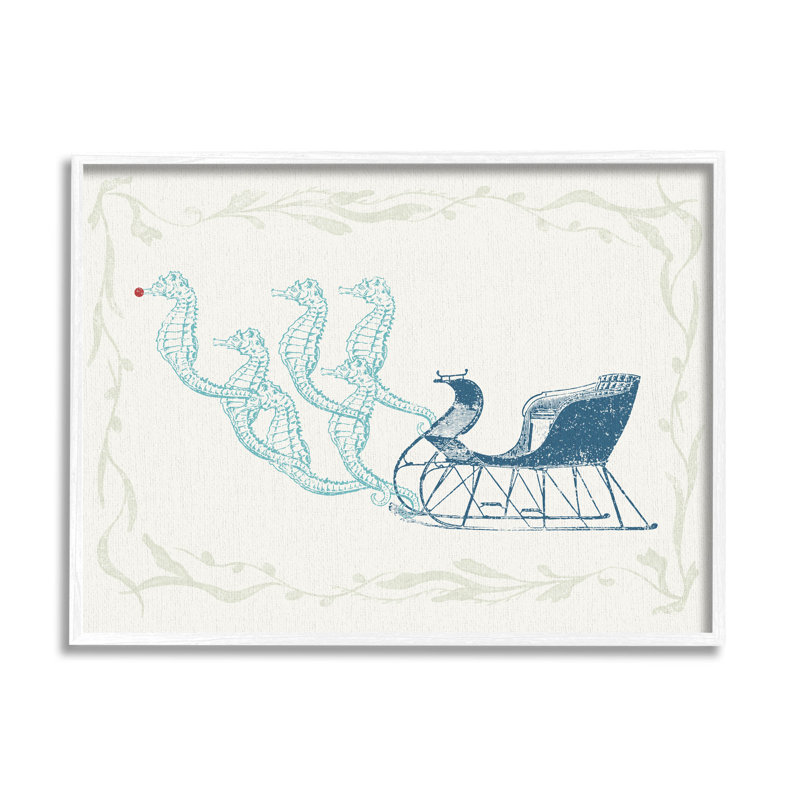 Hippocampe, traîneau nautique, Père Noël - 289, H 11 po x l 14 po x P 1,5 po, Giclée encadrée blanc bord de mer