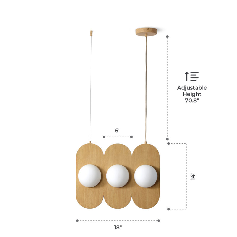 Luminaire suspendu en bois naturel à 5 lumières Vidalite Orbita avec abat-jour en verre givré et DEL intégrée, 6