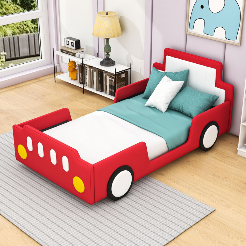 Lit plateforme simple en bois avec lattes et tête de lit Devair, Rouge