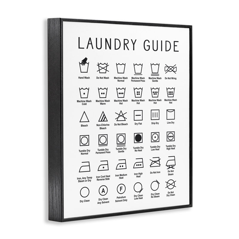 Guide de nettoyage Minimal Laundry Guide, H 20 po x l 16 po, Giclée encadrée noir minuit