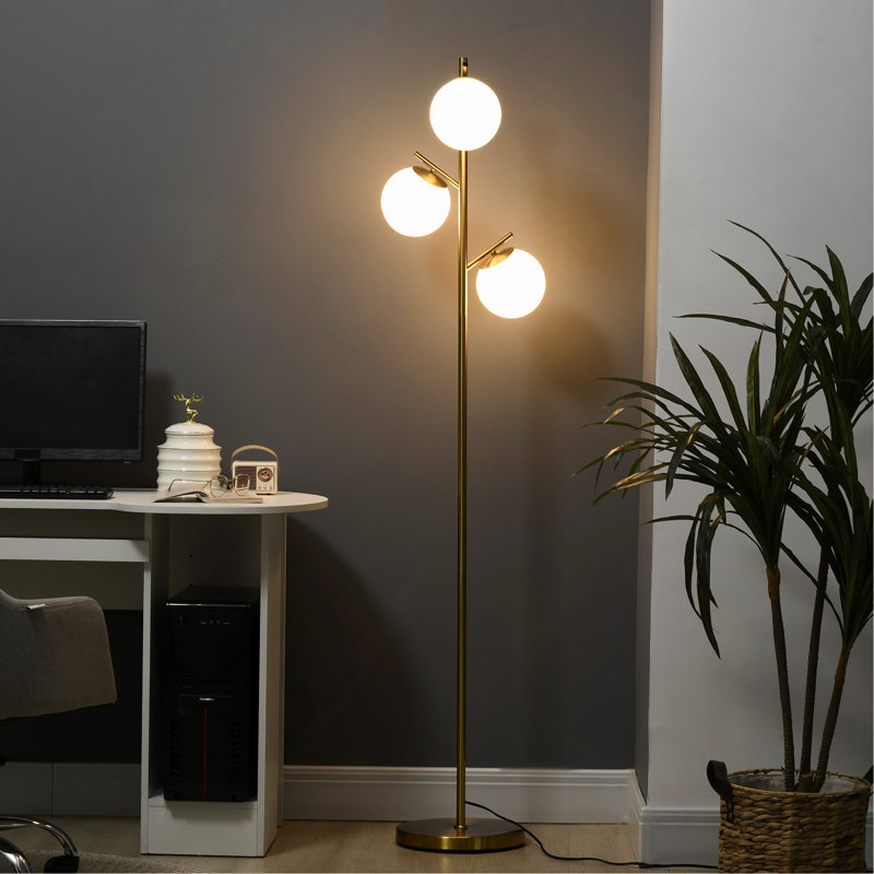 Lampe sur pied moderne à 3 lumières pour salon, lampe sur pied pour chambre à coucher avec abat-jour globe, base en acier, or