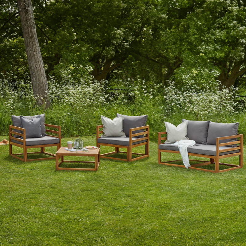 Rimasha Wooden Garden Set with 2 Seater Sofa - 2 Armchairs with Coffee Table - Grey, Grey