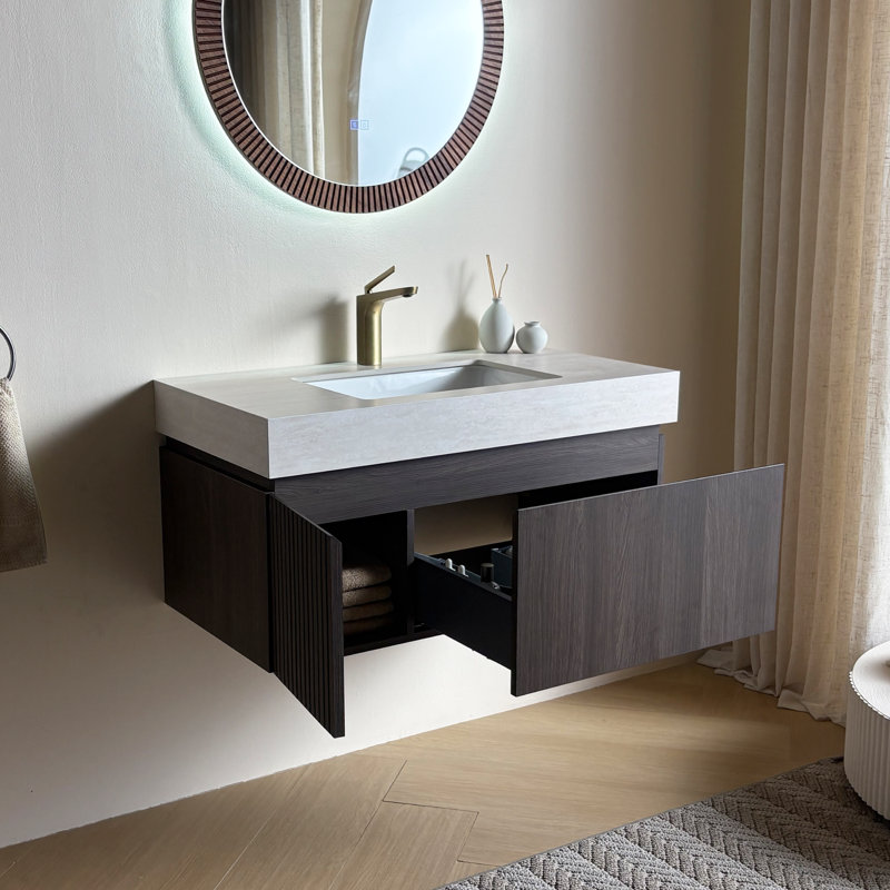 Meuble-lavabo de salle de bain luxueux en pierre frittée Mid-Century