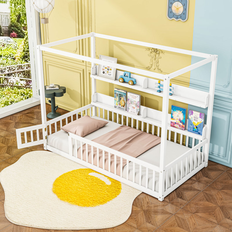 Floor Bed With Guardrails And Shelves, Twin, White