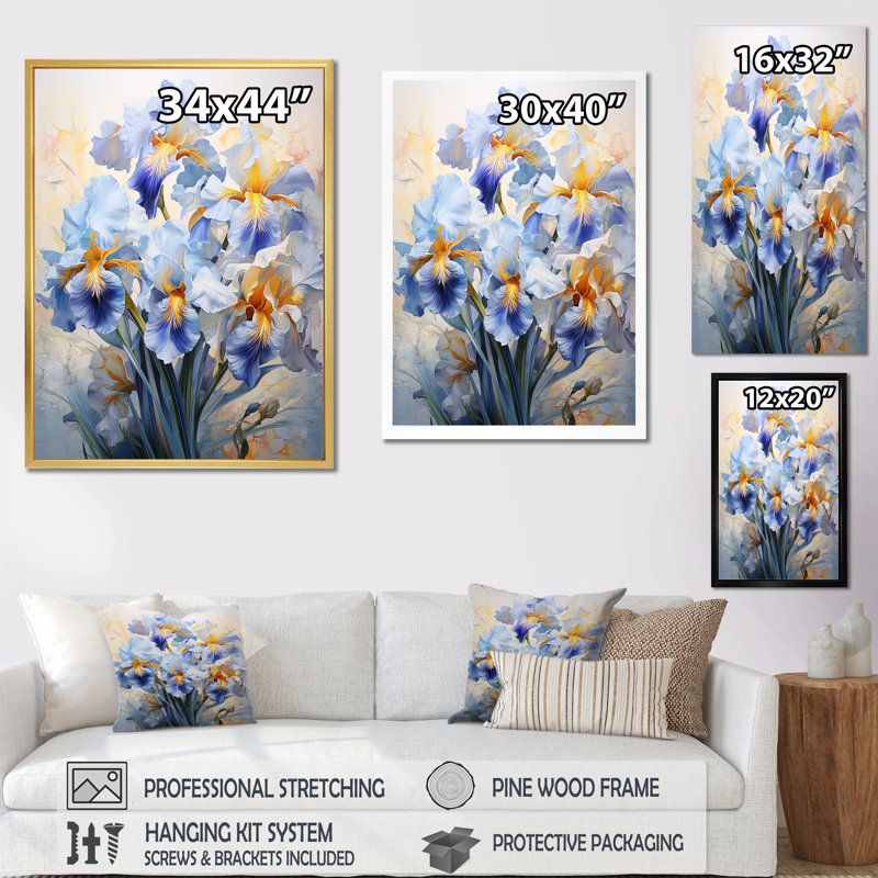 «Blue and Yellow Minimalisme Irises», reproduction d'art sur toile, H 32 po x l 16 po x P 1 po, Cadre doré simple