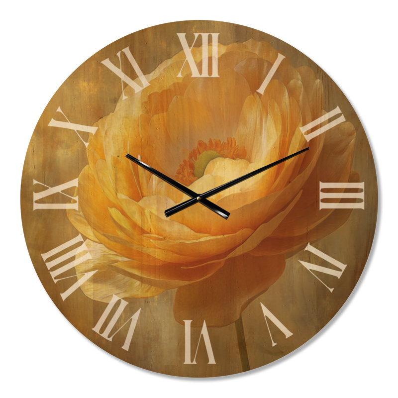 Très grande horloge murale en bois à imprimé floral - lueur de pétales dorés, Large