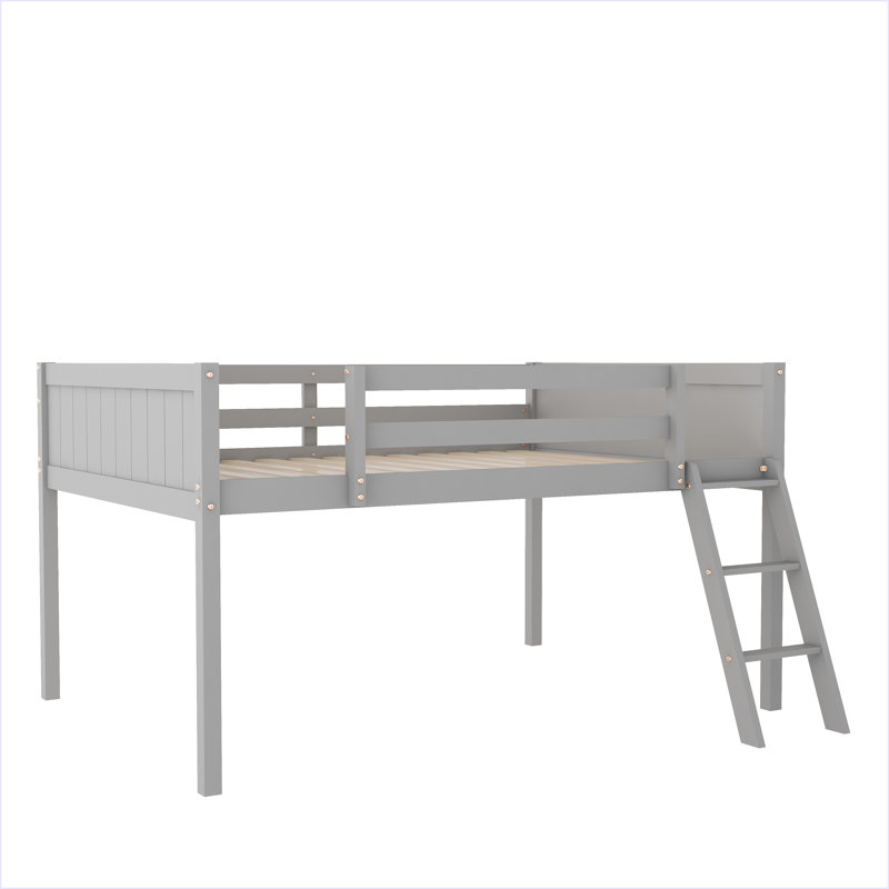 Lit mezzanine bas en bois avec échelle, Gris, Double