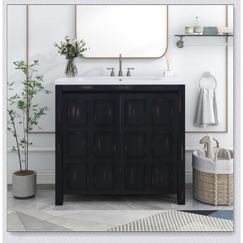 Organisateur de meuble-lavabo de salle de bain avec lavabo, rangement spacieux et finition patinée élégante pour un décor de salle de bain élégant