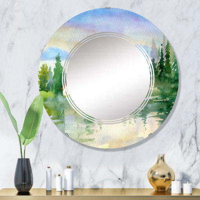 Paysage de rivière d'été avec arbres verts - Miroir mural traditionnel rond