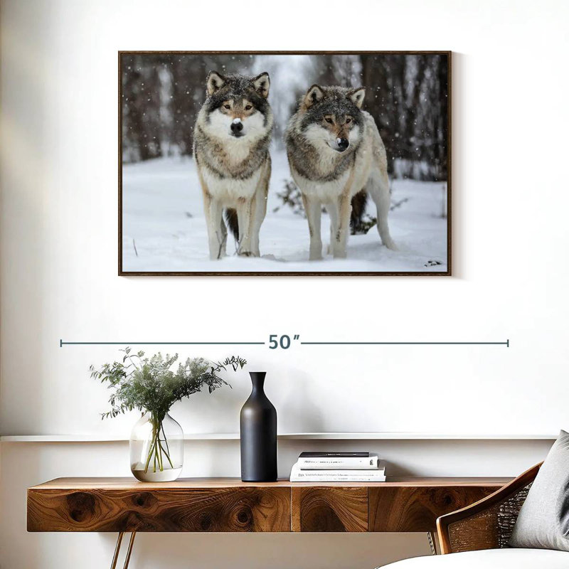 Loups dans le parc naturel de Langedrag, 37 po x 25 po, Cadre flottant noyer
