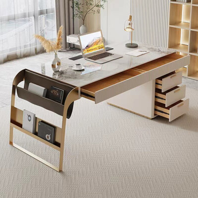 Beige-white + Gold Rectangular Sintered Stone + Manufactured Wood + Stainless Steel with 5 drawers desk