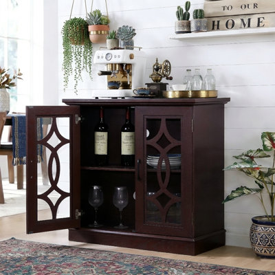 Buffet de 34,37 po de largeur avec 2 portes en verre trempé - Armoire de rangement en chêne foncé avec tablette réglable - Crédence de présentation de 34,06 po de hauteur - Chêne foncé
