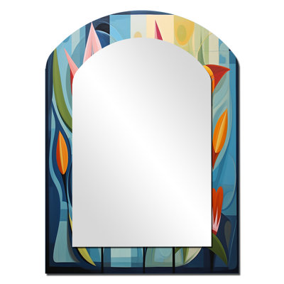 Green Mid Century Mod Nature II - Midcentury Modern Arch Decorative Wall Mirror, Modern Asymmetrical Mirror, Printed Metal Art