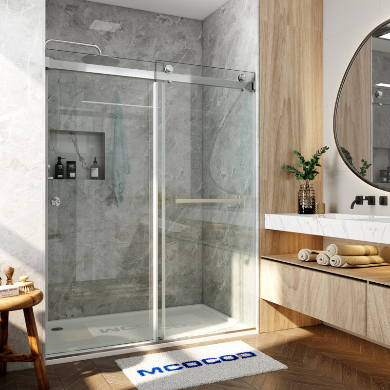 Porte de douche coulissante double sans cadre avec verre transparent de 3/8 po (10 mm) Opal Mirage MCOCOD l 72 po x H 76 po