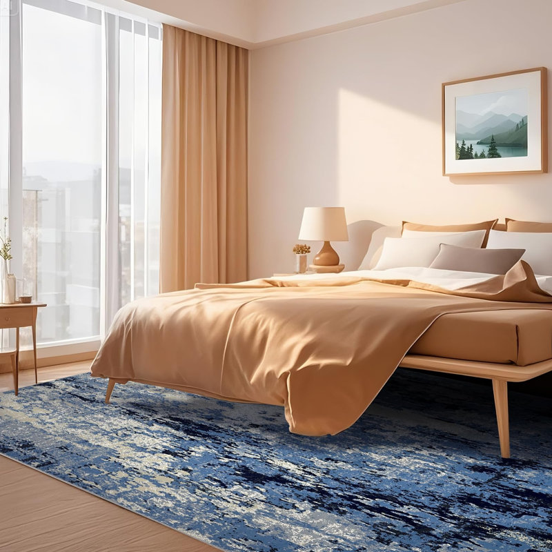 Abstract Bedroom Rug 5x7 Non Slip Modern Accent Floor Mats, Washable Contemporary Throw Carpet, Foldable Low Pile Indoor Rug for Living Room, Dining Room, Nursery, Blue