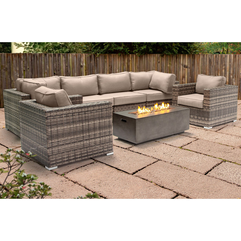Lsi Fully Assembled 6 Person Seating Group With Firepit And Sunbrella Cushions, Sunbrella Beige 