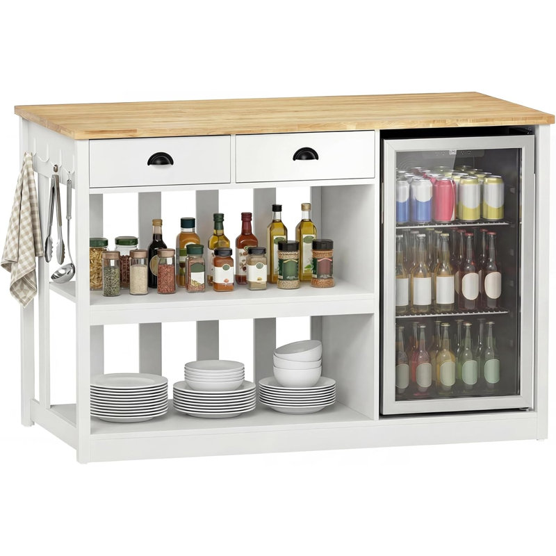 59 Inch Kitchen Island with Mini Fridge Space, Outlet & Storage Shelves , 59"W