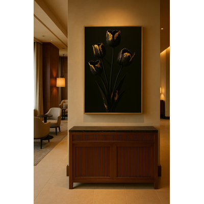 Gilded Stillness - Noir Botanical No. I Framed Canvas Wall Art by Kasian Art Studio - White Frame