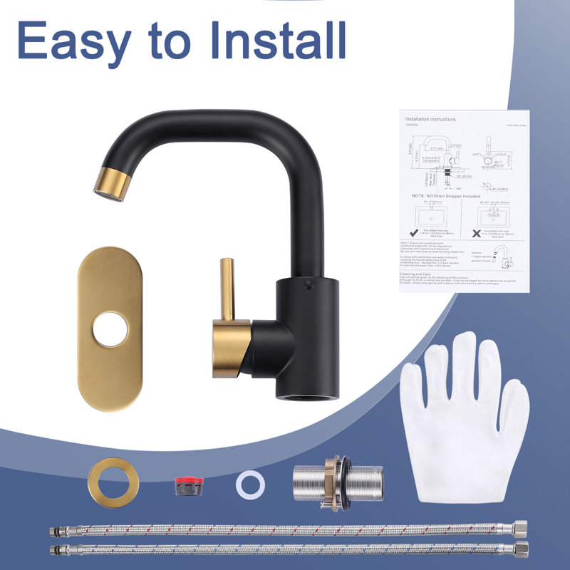 Stainless Steel Single Handle Bar Faucet With 6.3" Deck Cover Plate And Supply Lines, Black/Gold