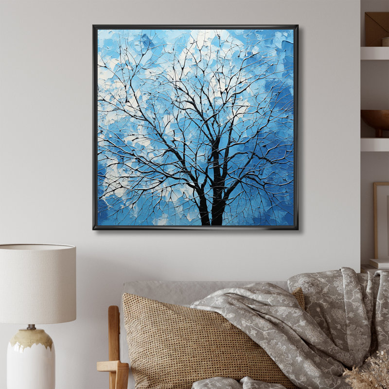 Minimalisme, arbre bleu paysage I - arbre, art mural sur toile, salon, Cadre flottant noir, H 16 po x l 16 po x P 1 po