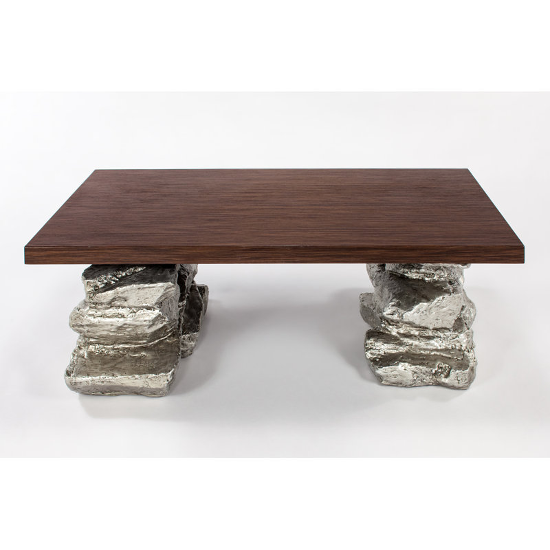 Rectangular Wood and Glass Coffee Table with Distressed Silver Base