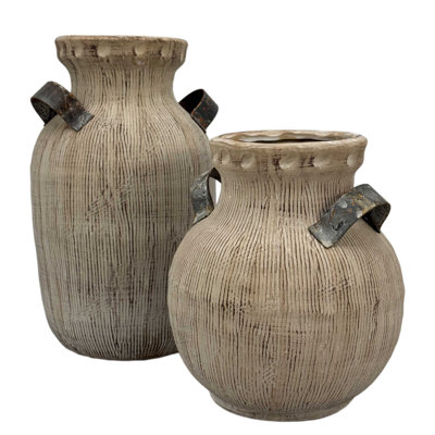 Rustic Ceramic Vase with Metal Handles
