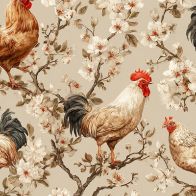 Peel and Stick Wallpaper Vintage Farmhouse Rooster Hen Floral Blossoming Branches Warm Neutral Contact Paper Removable Self Adhesive Wall Mural Wall Decor for Bedroom Kitchen Cabinets 17.7in x 118in