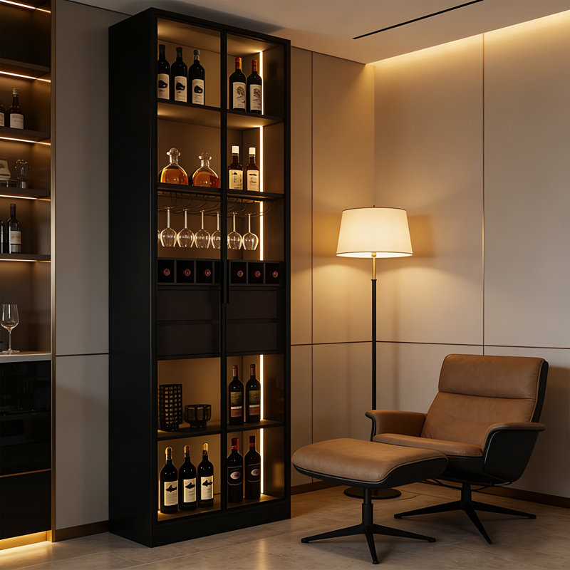 31.5" Modern Light Luxury Glass Wine Cabinet/Display Cabinet With LED Lighting, Built-In Drawers, And Wine Racks