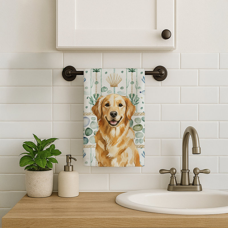 Golden Retriever Coastal Sea Glass Kitchen Towel, Golden Retriever