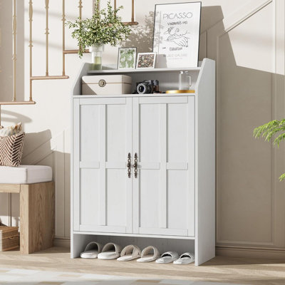 47" Farmhouse Shoe Cabinet with 2 Doors, Adjustable Shelves & 2-Layer Open Storage Rack, 5-Tier Shoe Organizer for Entryway Living Room