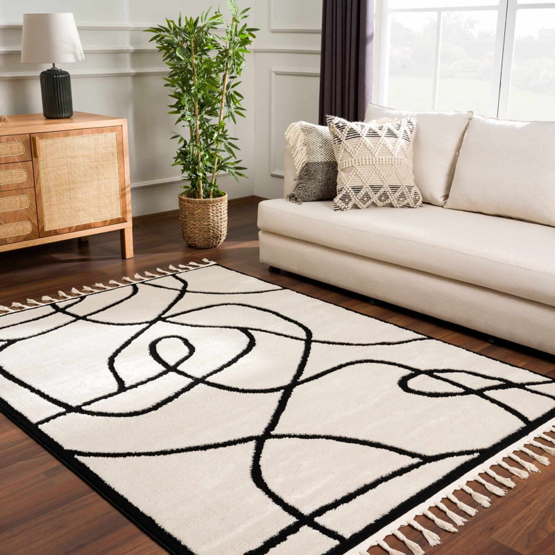 Davyd Abstract Machine Woven Polypropylene Area Rug in White, Rectangle 5'3" x 7'
