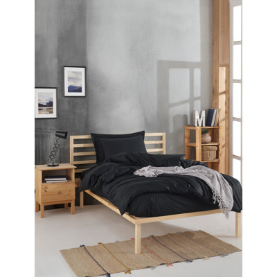 Ensemble de housse de couette simple 100% coton Ranforce, couleur noire | Housse de couette: 63 x 87, taie d'oreiller: 20 x 28 | Lavable à la machine à 30 ° C, 142 fils | Fermeture à boutons pour housse de couette et enveloppe pour taie d'oreiller