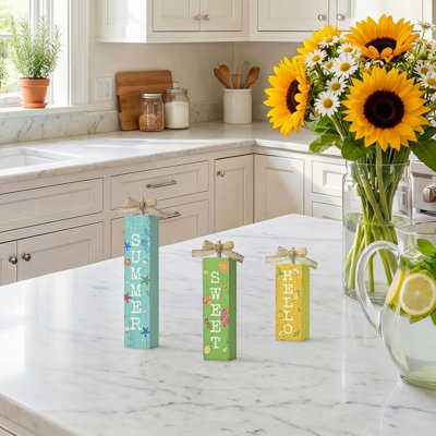 3 pièces décoratives d'intérieur en bois d'été, panneaux de table rustiques «hello Sweet Summer» pour plateau à plusieurs niveaux, cuisine, tablette, décoration de maison et de fête