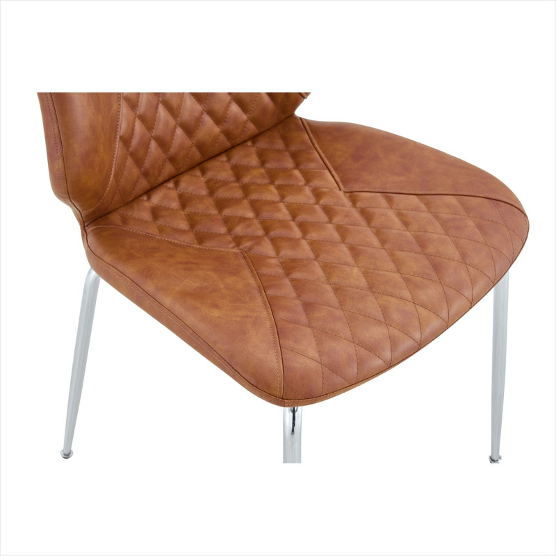 Ensemble de 2 chaises d'appoint en cuir brun chaud avec dossier haut touffeté à losanges et pieds en métal galvanisé pour la salle à manger