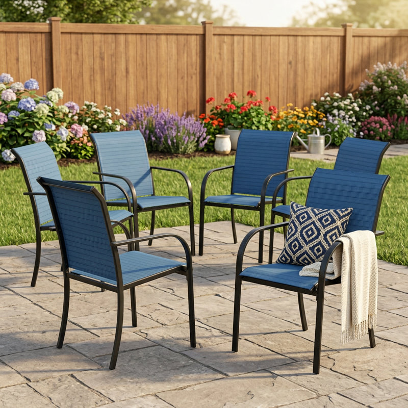 Bustamante Outdoor Round Patio Dining Set with Stackable Textilene Chairs, Black/Blue