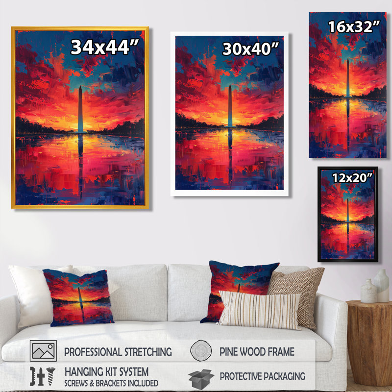 «Blue Red National Pride Washington Monument II - Monuments», art mural, H 24 po x l 32 po, Cadre flottant noir