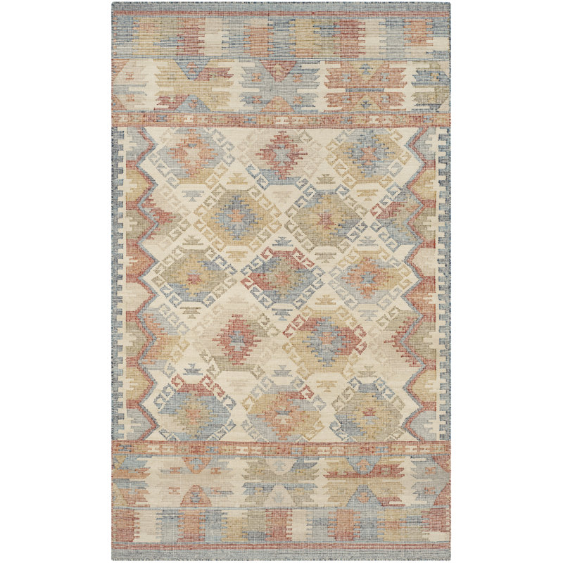 Elan Hand Woven Flat Weave Wool/Cotton Southwestern Rug in Ivory/Grey, Rectangle 4' x 6'