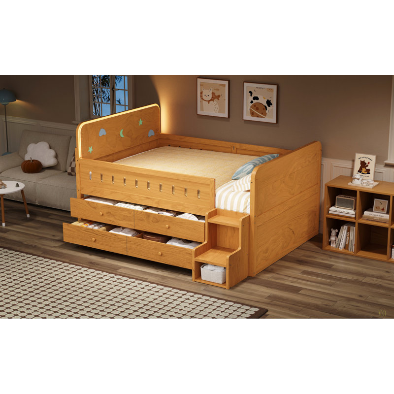 Lit double en bois avec lumière DEL, tiroirs de rangement, Bois