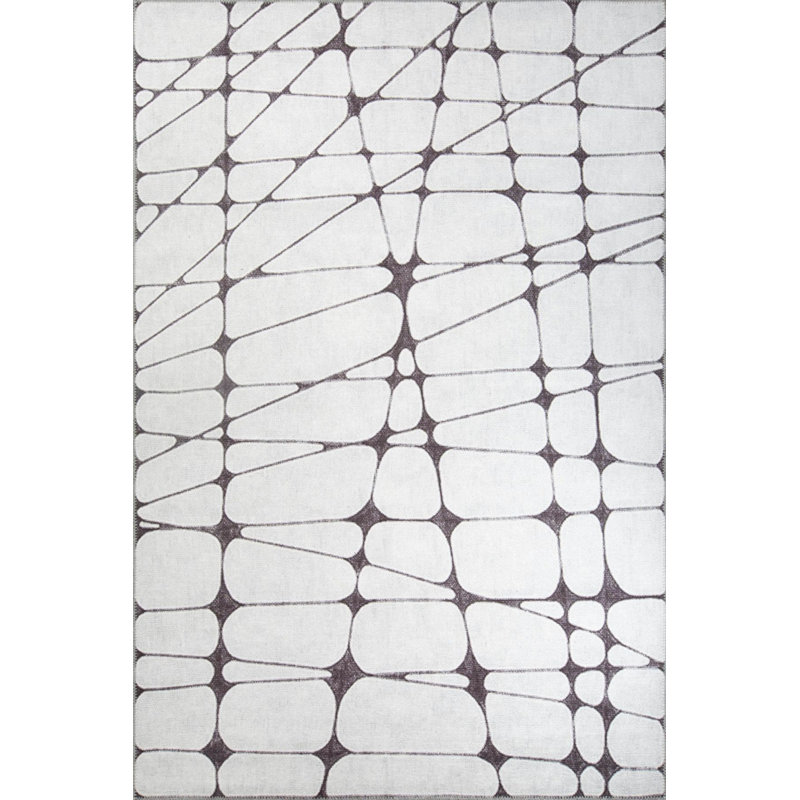 Tapis décoratif blanc à base géométrique tissé noir, Rectangle 3 pi 10 po x 5 pi 3 po