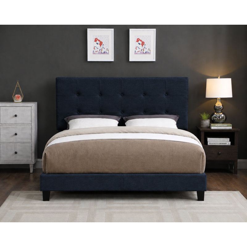 Lit plateforme tapissier réglable avec tête de lit capitonnée, base de lit moderne en lin et similicuir, bleu, double, Double