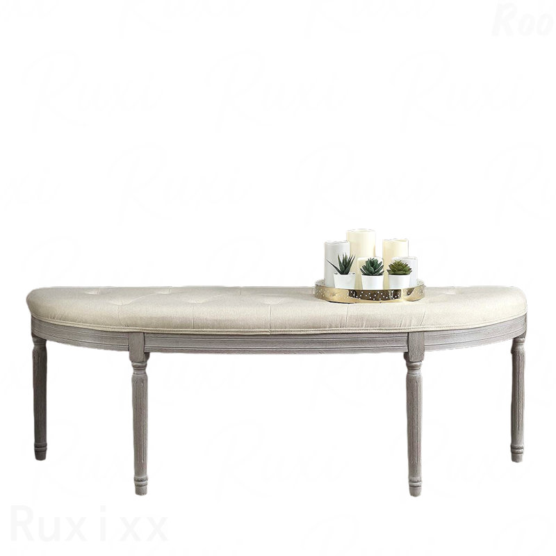 Banc Coastal - Siège rembourré capitonné à boutons, pattes au fini gris patiné