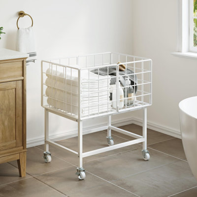 Rolling Laundry Hamper, Metal Wire Frame Laundry Cart with Wheels,White
