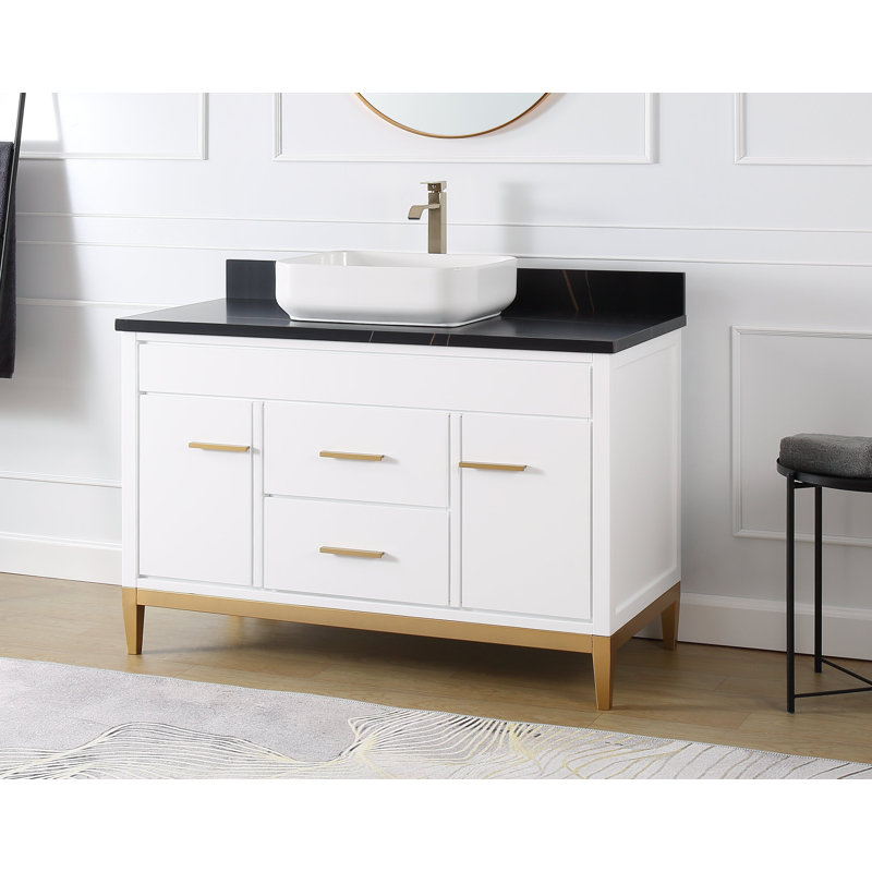 Andreka 48'' Single Bathroom Vanity with Quartz Top, White, Black