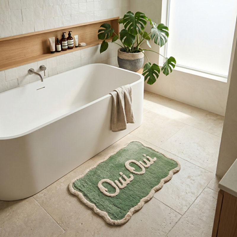 Oui Oui Slogan Scalloped Bath Mat, Green