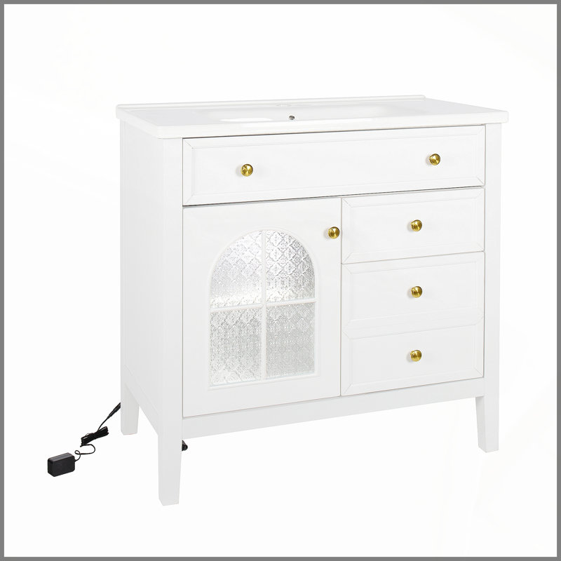 Armoire de salle de bain blanche de 35,6 pouces avec beaucoup de rangement et éclairage activé par le mouvement pour les salles de bain modernes