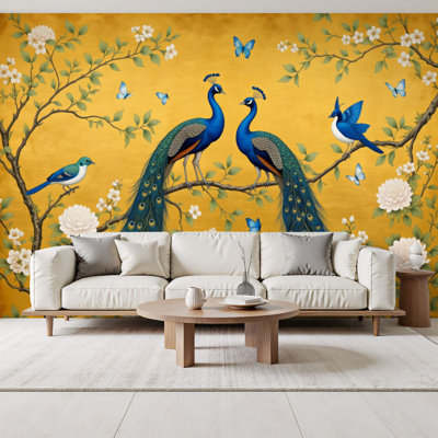 Papier peint adhésif chinois chinois à motif de fleurs de style chinois doré, oiseaux, pivoines blanches, branches florales, H 69 po x l 96 po, papier peint amovible en PVC, adhésif pour chambre à coucher, bureau à domicile