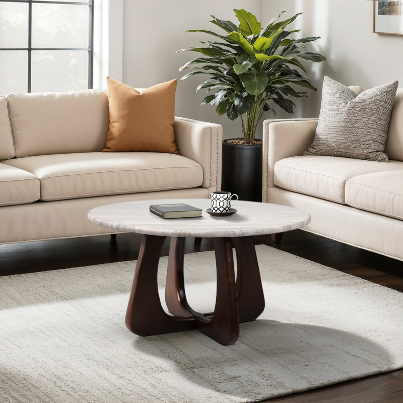 Round Coffee Table, Marble Top and Wood Legs, Perfect for any Living Room Table, 30"
