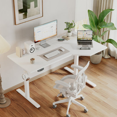 59 Inch Electric L Shaped Standing Desk, Height Adjustable Sit to Stand Up Corner Desk, Ergonomic Home Office Computer Desk with Memory Presets and Hooks for Workstations, White